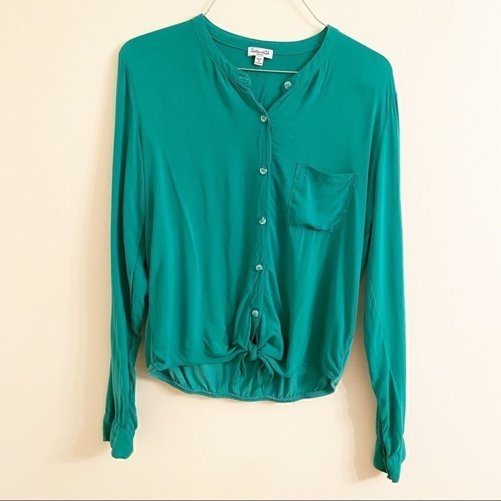 Splendid Kelly Green Tie Front Button Down Top Sm